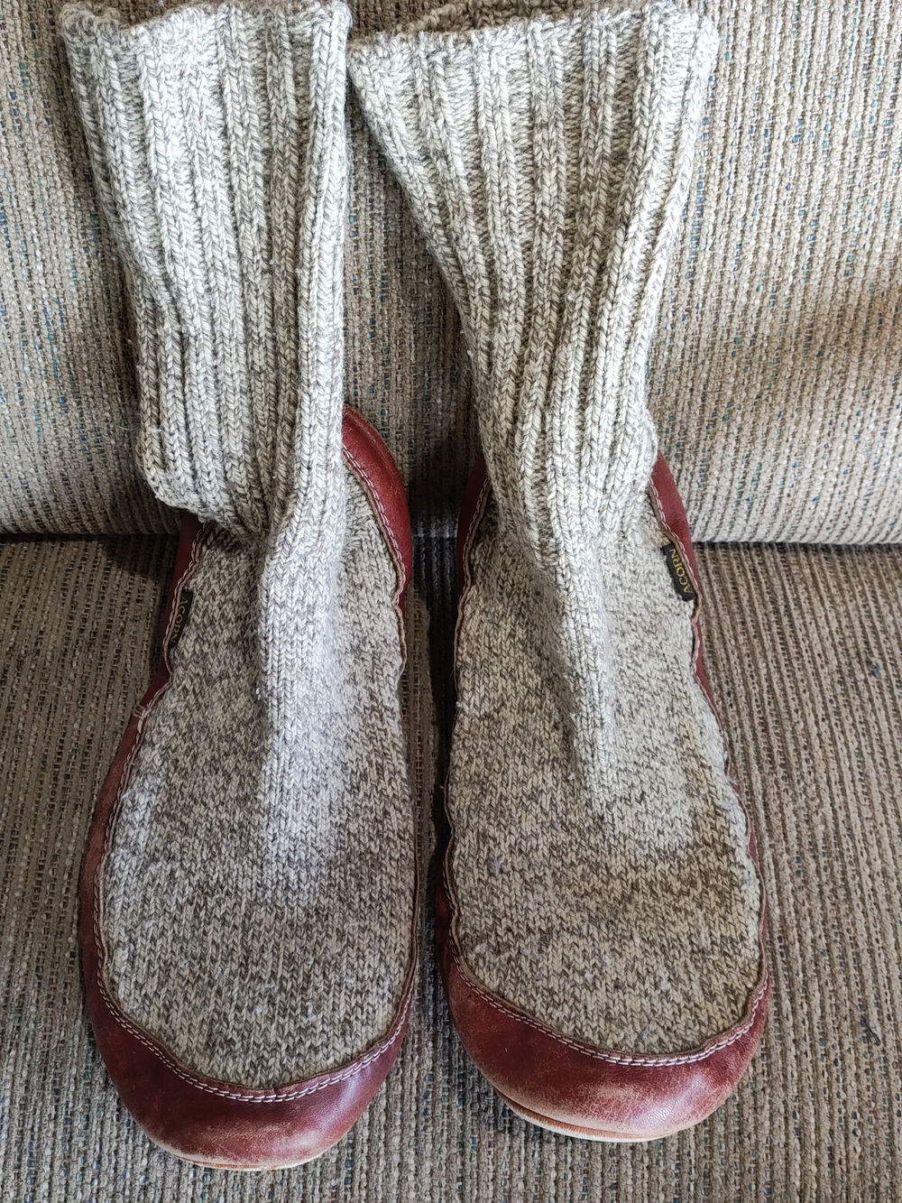 Acorn Gray Knit Boot Socks with Brown Leather Trim